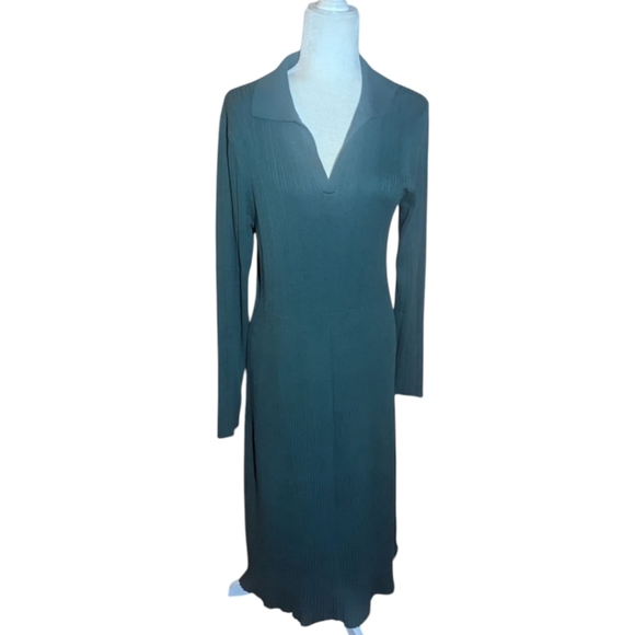 Lands' End Ribbed Evergreen  Knit Midi Sheath Dress V Neck Notched Collar Sz L - Picture 7 of 9
